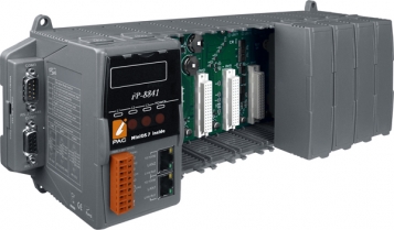 8-slot embedded controller, MiniOS7, CPU 80186 80 MHz, SRAM 768 KB, 512 KB Flash, 2x Ethernet, 1x USB, 2x RS-232, RS-485, RS-232/485, WT-25+75, PLC