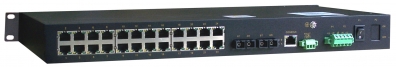 Managed industrial Ethernet switch with 1x 100Base-FX ports, single mode, FC/SC/ST connector, 24x 10/100Base-T(X) ports, RJ45 connector, rack mounting, , WT-40+85 C, fanless